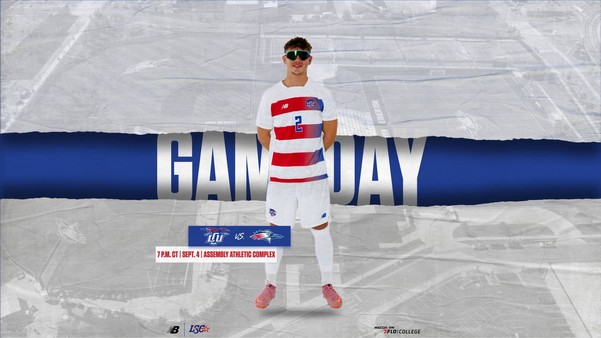 This is a digital graphic promoting the Lubbock Christian men's soccer game at  MSU-Denver on Friday, Sept. 4 at 7 p.m. central time. The featured image is of Adam Davison (white jersey, #2) shown with his arms crossed, smiling and a pair of sunglasses on.