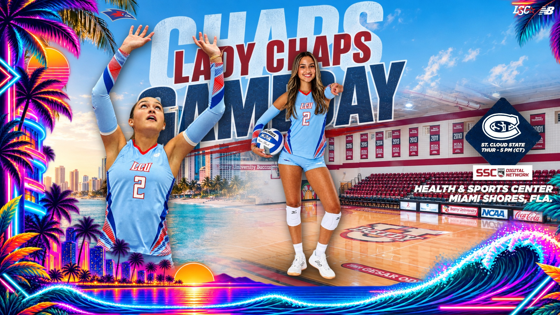 Volleyball game announcement graphic featuring two Lubbock Christian University players in blue uniforms. The text reads 