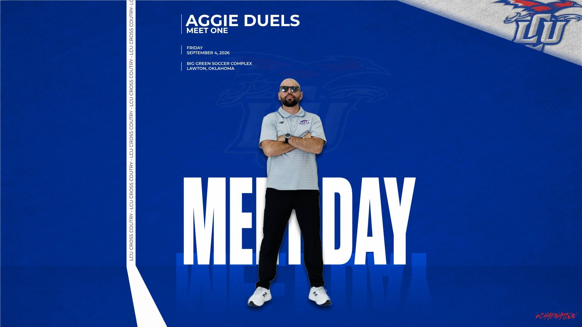 This is a digital graphic promoting the Lubbock Christian participation in the Aggie Duels cross country meet on Sept. 4 in Lawton, Oklahoma. The featured image is of head coach Nicholas Rivera, wearing black pants and grey polo, shown standing with his arms crossed and wearing sunglasses.