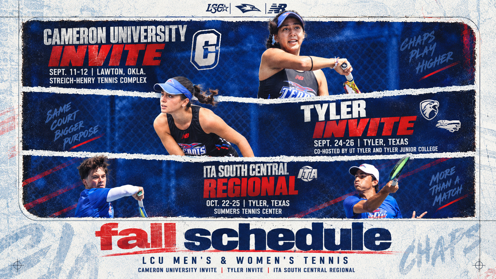 The Fall Schedule graphic for LCU Men's and Women's Tennis, featuring the LSC, LCU Chaparrals, and New Balance logos at the top. Three tournament panels are stacked vertically, each with an action photo of an LCU tennis player:  Cameron University Invite – Sept. 11–12 | Lawton, Okla. | Streich-Henry Tennis Complex. A female player in a blue LCU Tennis visor and New Balance top winds up for a forehand. Tagline: 