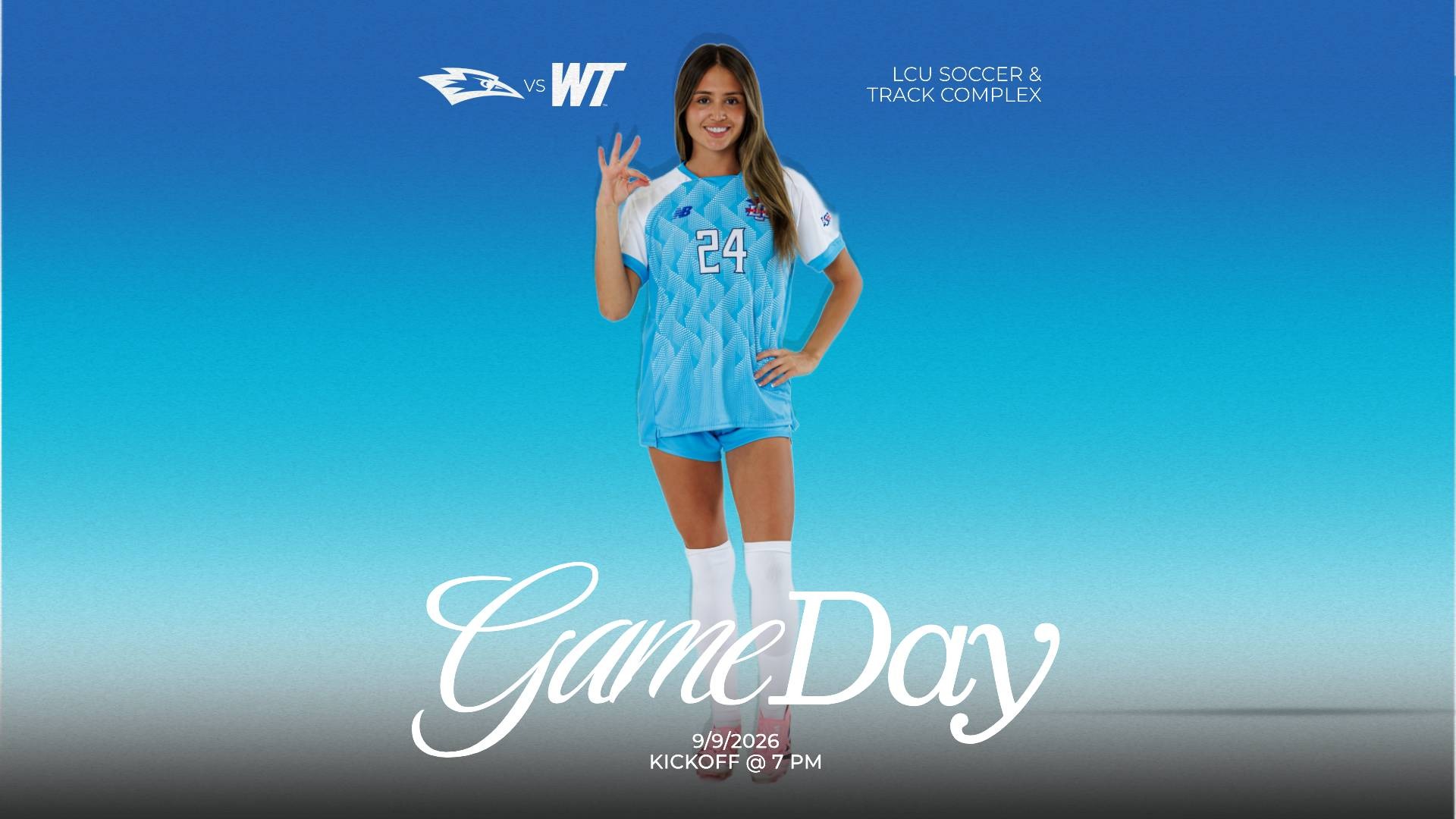 This is a digital graphic promoting the Lubbock Christian women's soccer game against West Texas A&M on Sept. 9 at 7 p.m. at the LCU Soccer & Track Complex. The featured image is of Ceci Madrid (blue jersey, #24) shown making the Chap hand sign with her right hand.