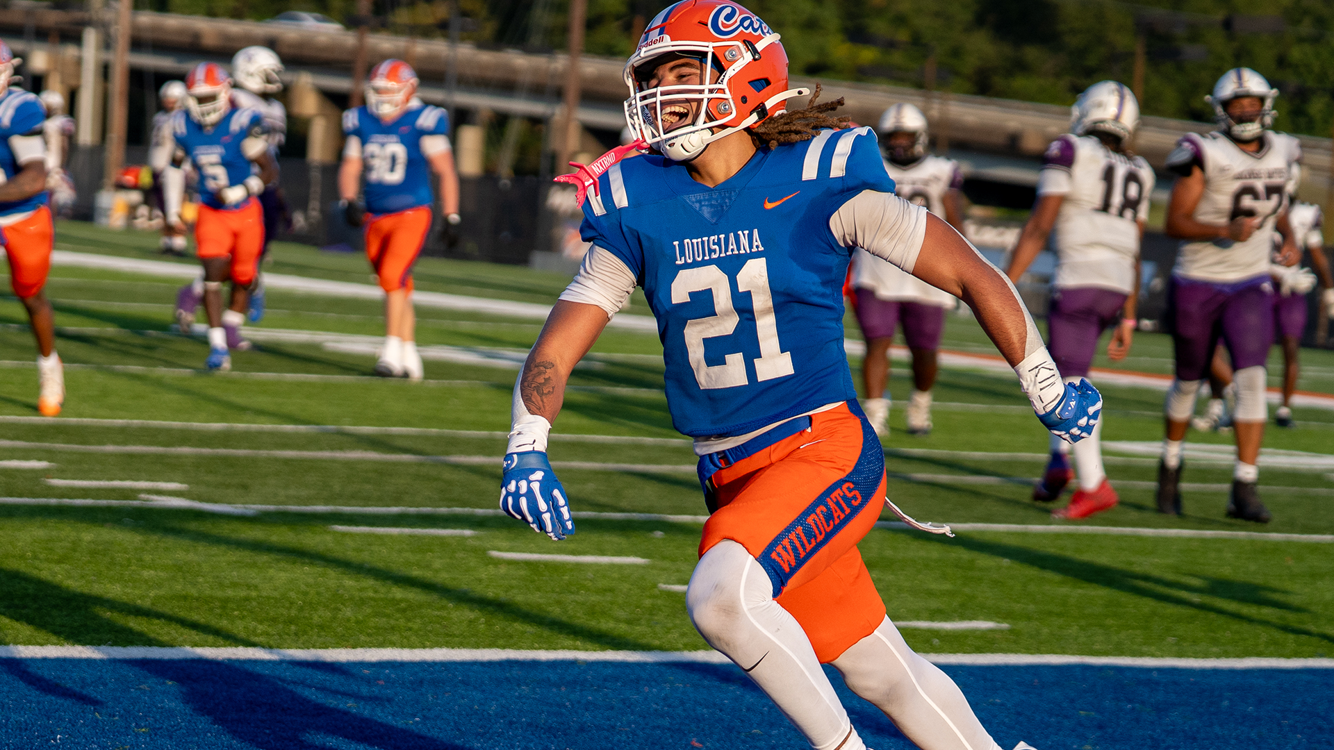 Kylon Polk celebrates his interception return for TD vs. Arkansas Baptist 11/8/25