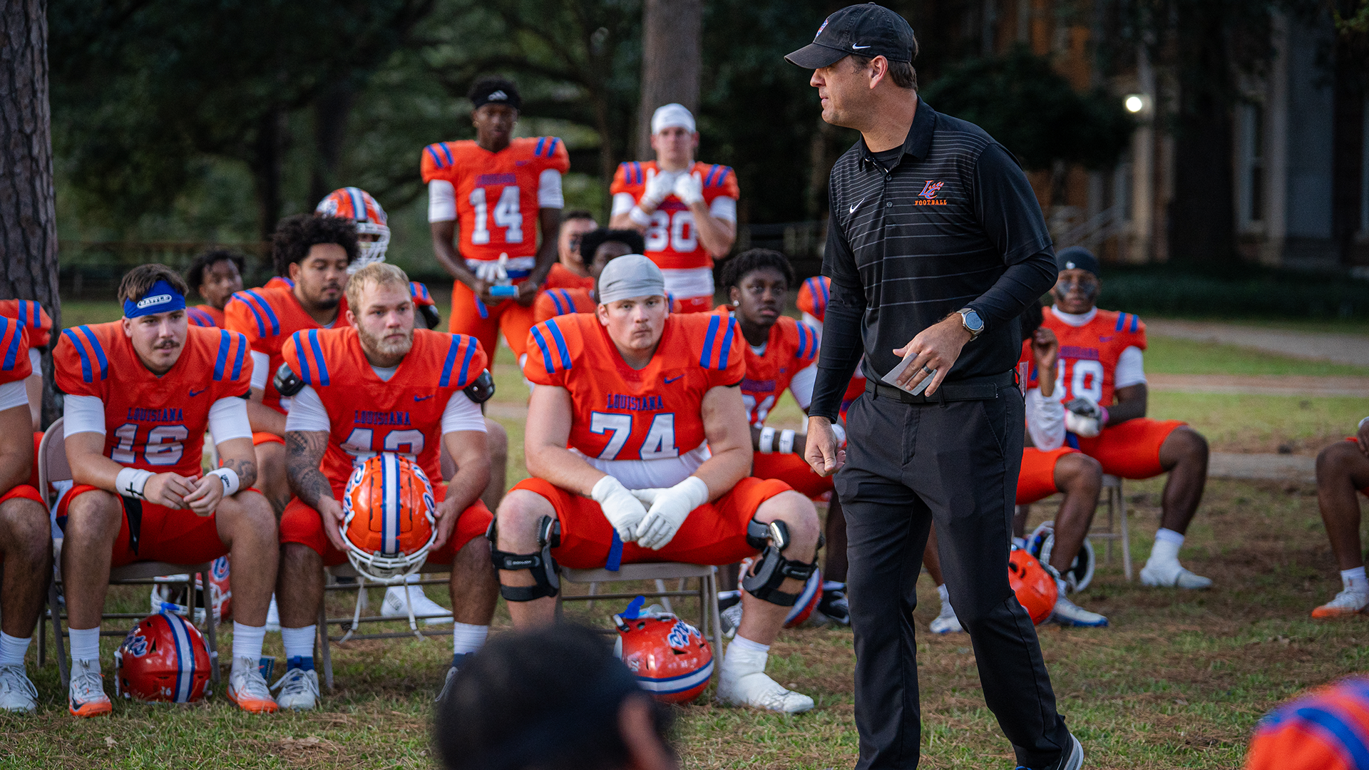 Ben McLaughlin addresses team prior to game vs. Texas College 10/24/25