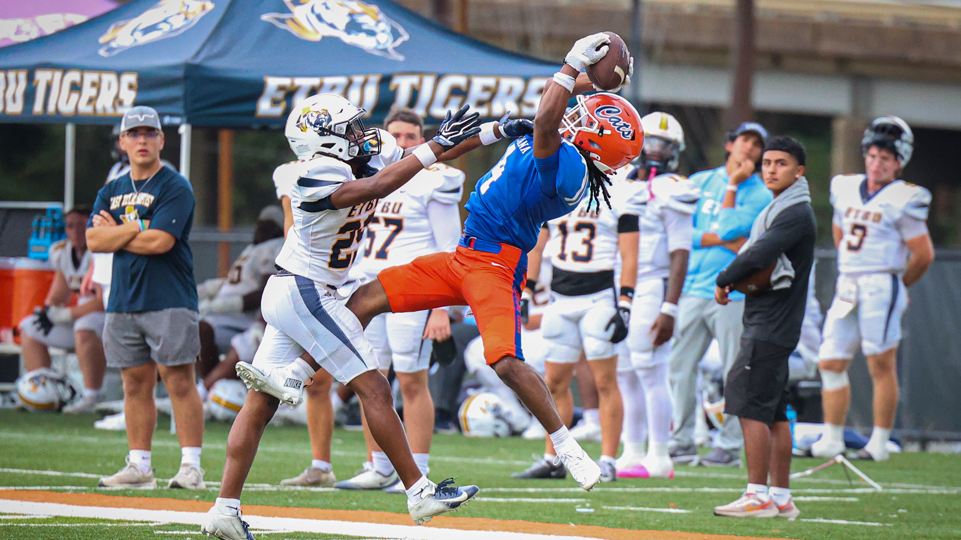 EJ Scott catches the ball over an East Texas Baptist defender 10/3/26