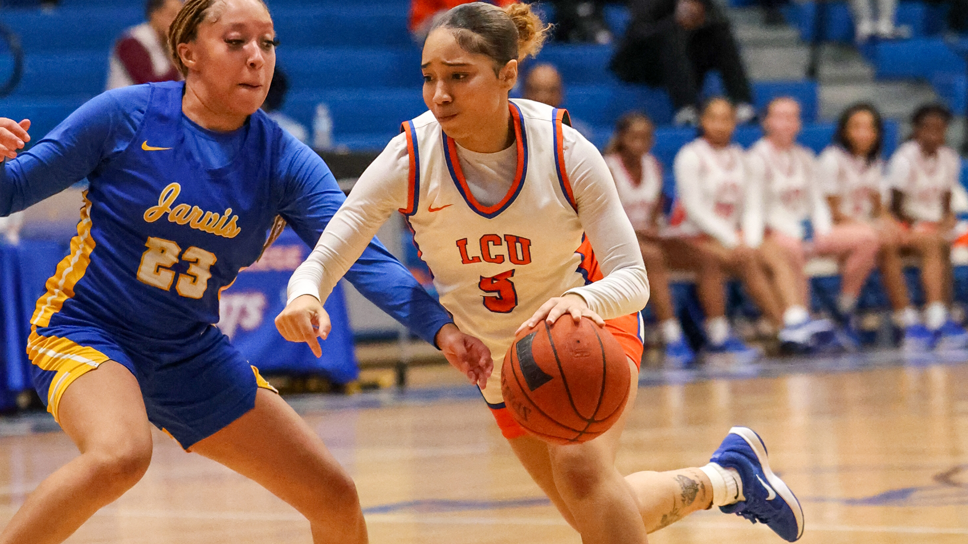 M'Kiyiah Olivier drives against a Jarvis Christian defender 2/5/26