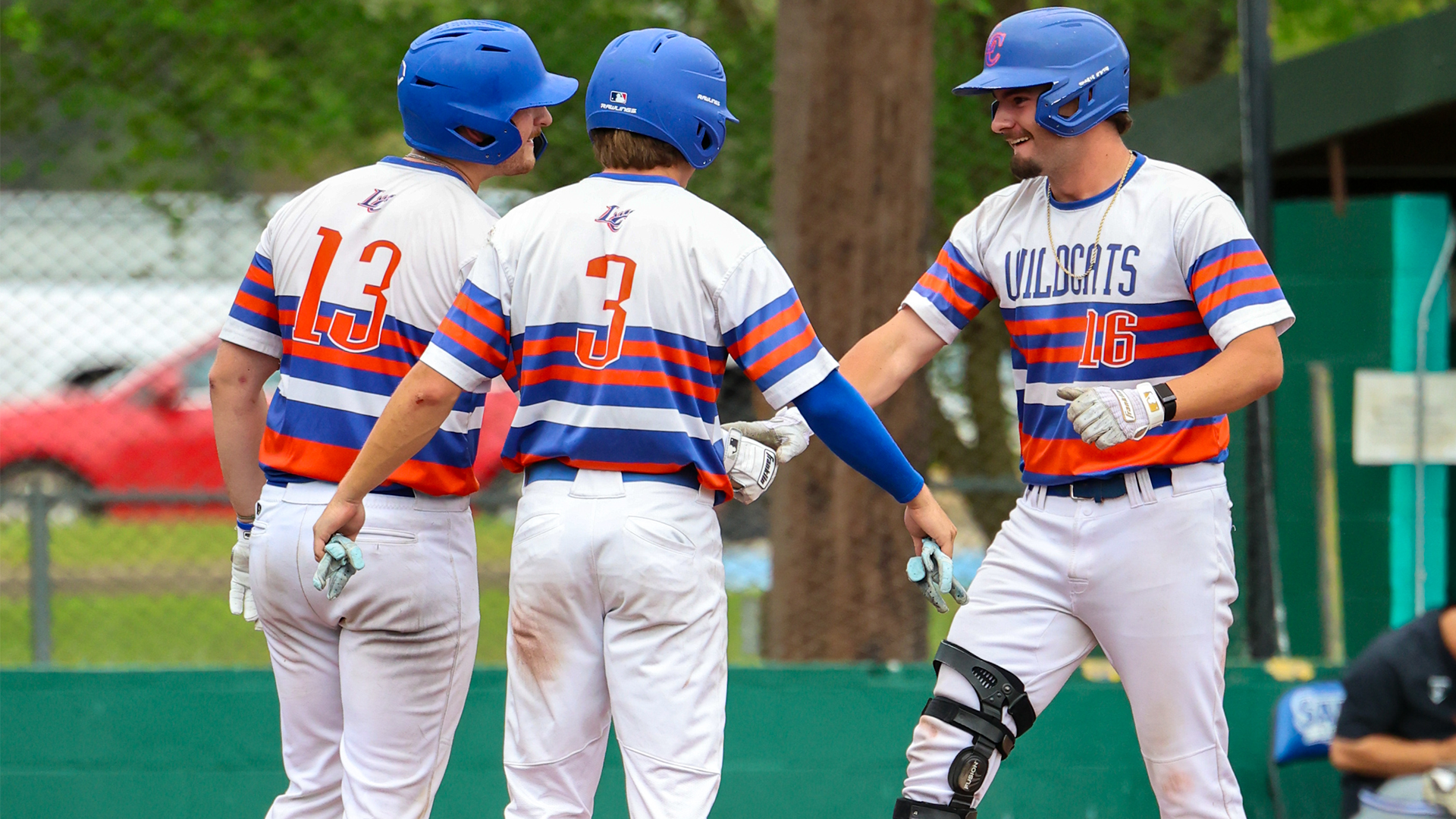 Drake Aldridge celebrates home run with Chris Kelley and Braden McLin vs. OLLU 4/2/26