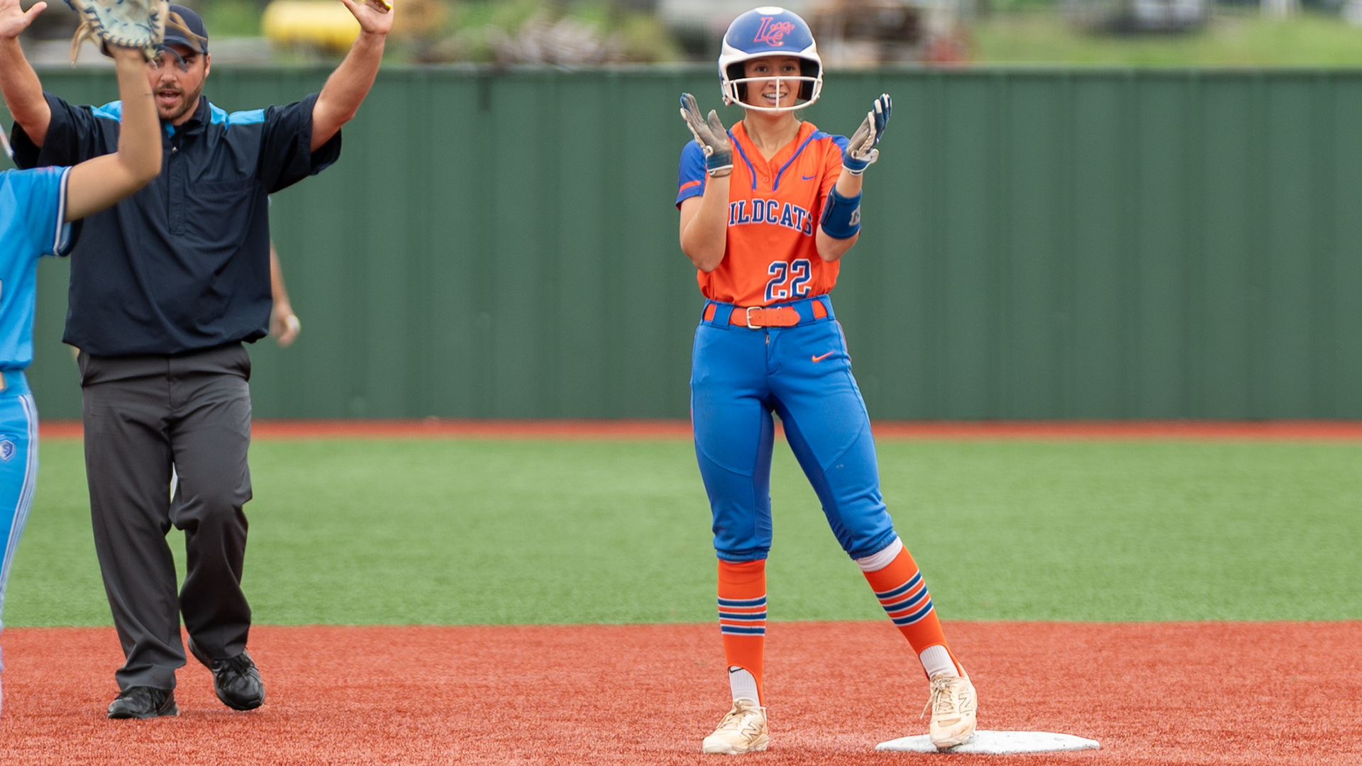 Madelyn Bourgoyne clapping after base hit vs. OLLU 4/30/26