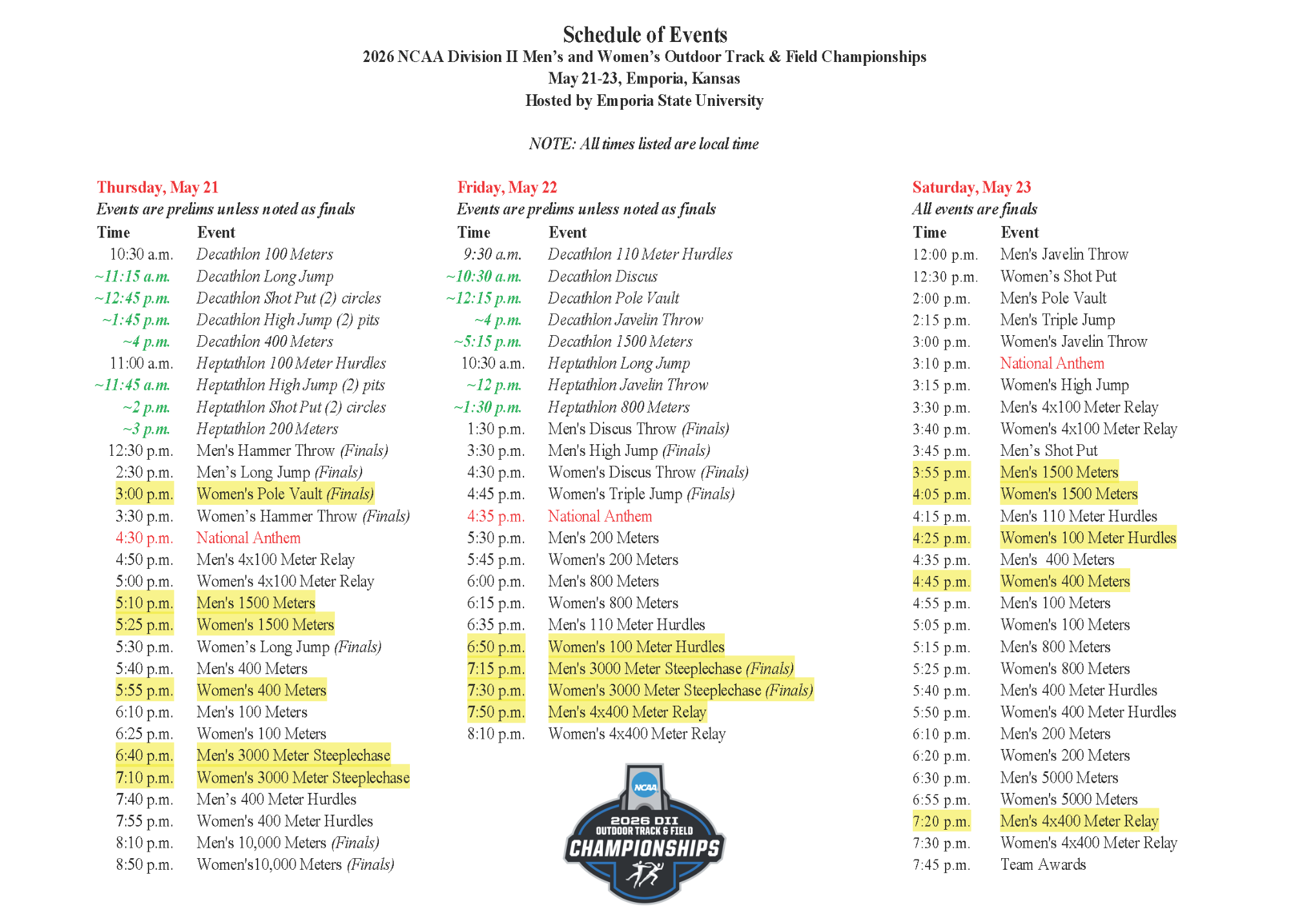 2026 DII Outdoor Nationals Schedule