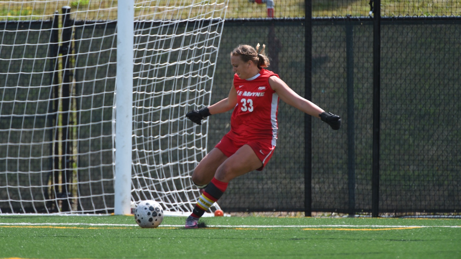 Mikayla McPheron takes a goal kick against Binghamton on 8/23/26. 
