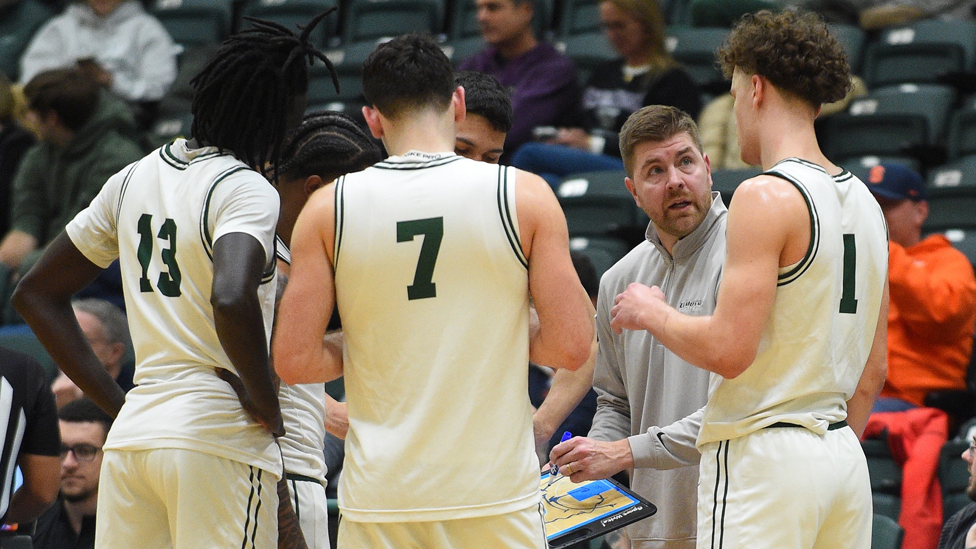 MBB team discusses a play during a Timeout Huddle