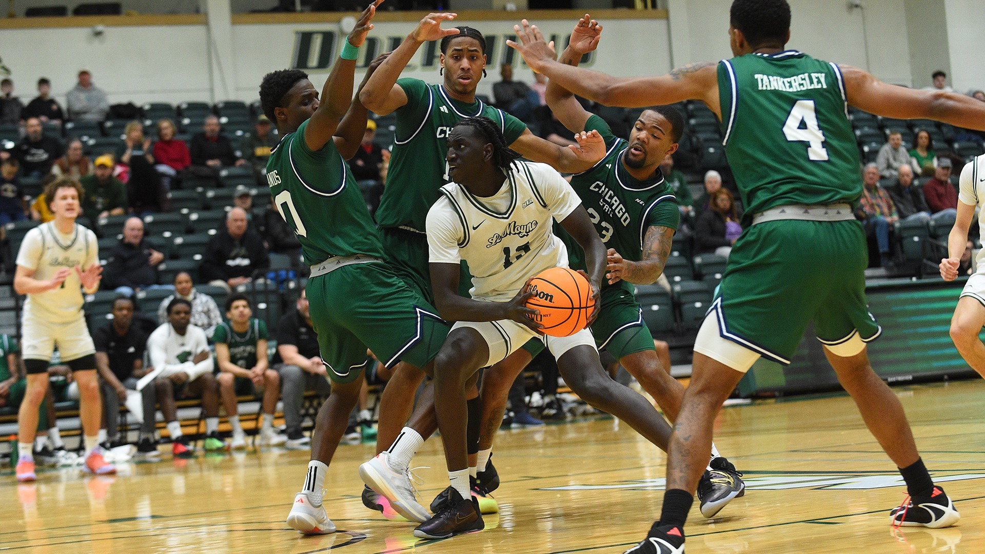 Deng Garang drives to the basket against Chicago State University