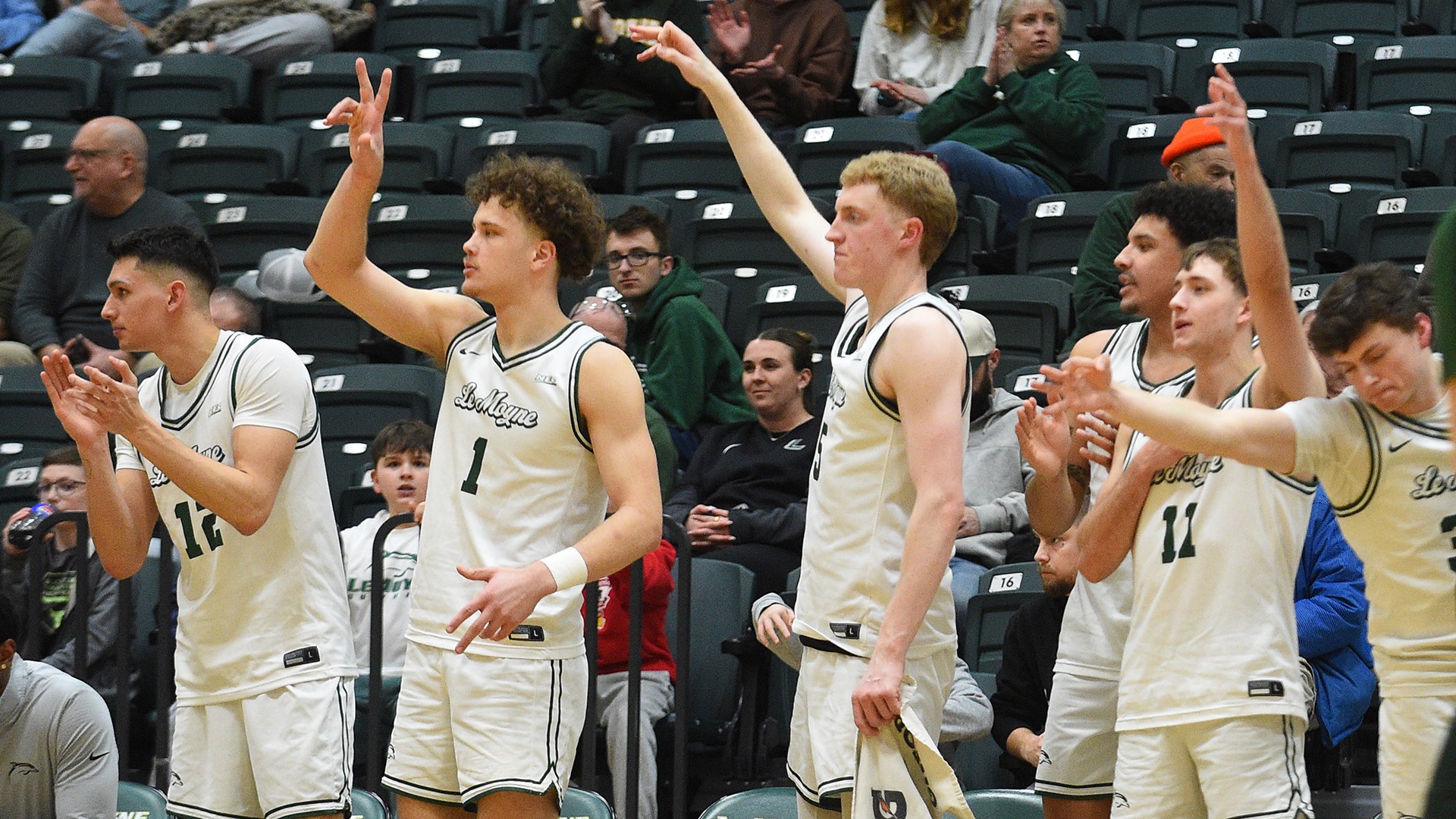 Men's Basketball bench celebrates a basket against Mercyhurst