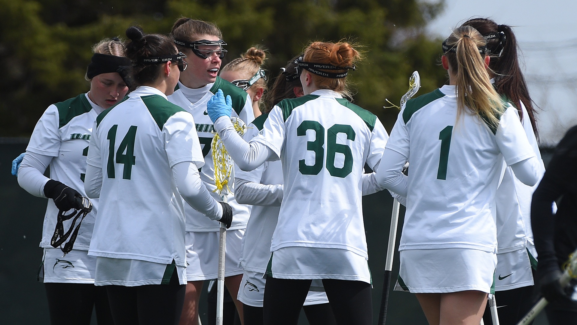 Women's lacrosse huddles after a goal against Wagner