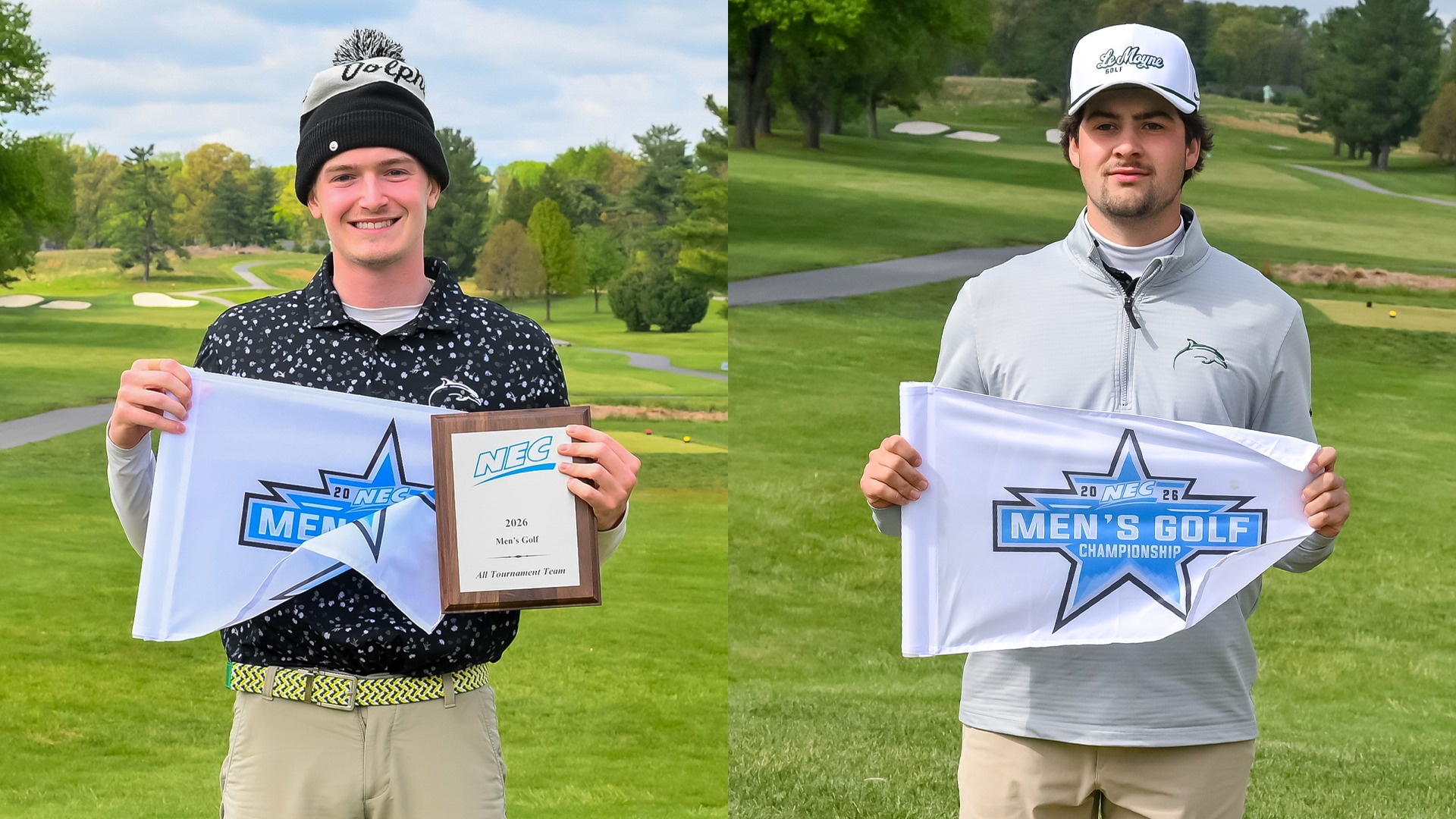 Owen Corby and Anthony Maglisco display their flags for their finishes at the NEC Championship