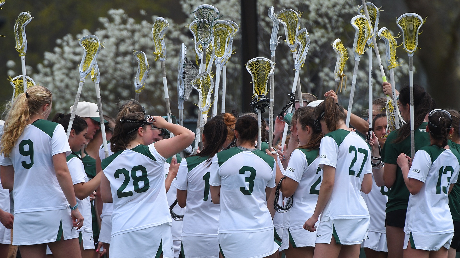 The women's lacrosse team huddles up during a timeout against FDU