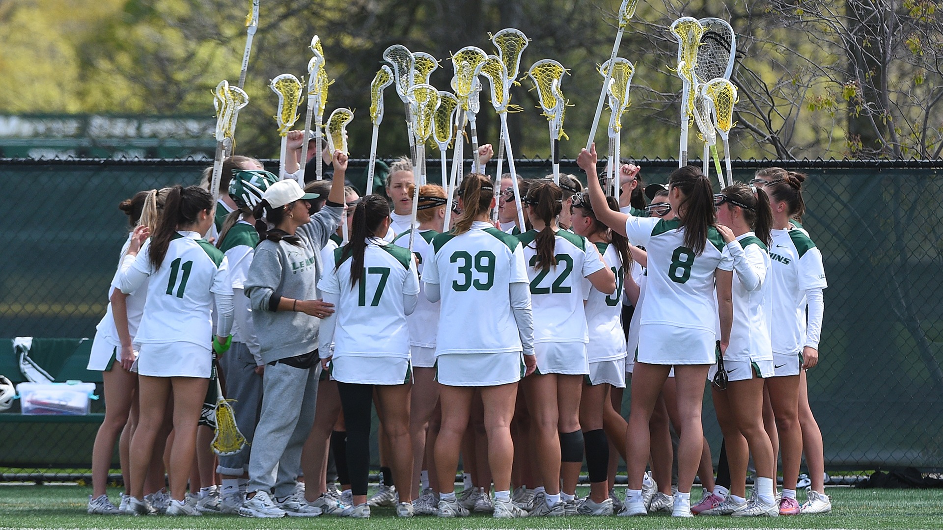 The Women's Lacrosse team huddles prior to the NEC Title Game