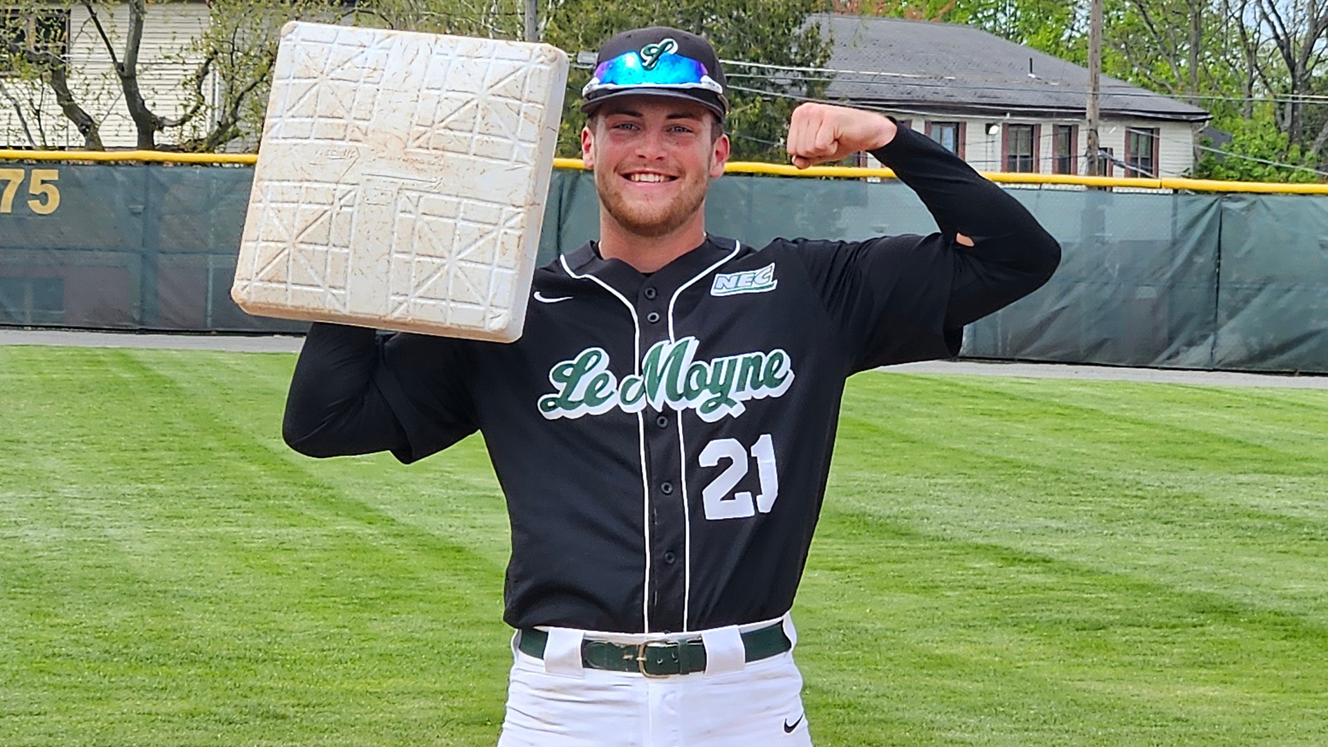 Jack Cannon holds up second base after breaking the program's single-season stolen base record in the seventh inning