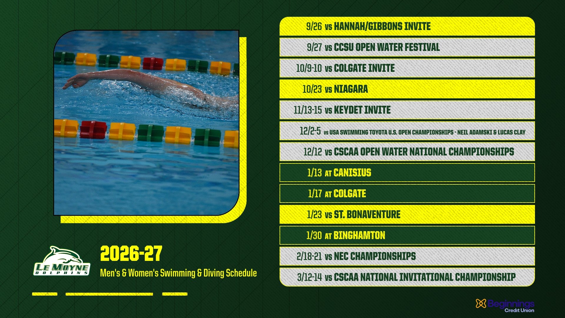 The 2026-27 Le Moyne College men's and women's swimming and diving schedule has been announced