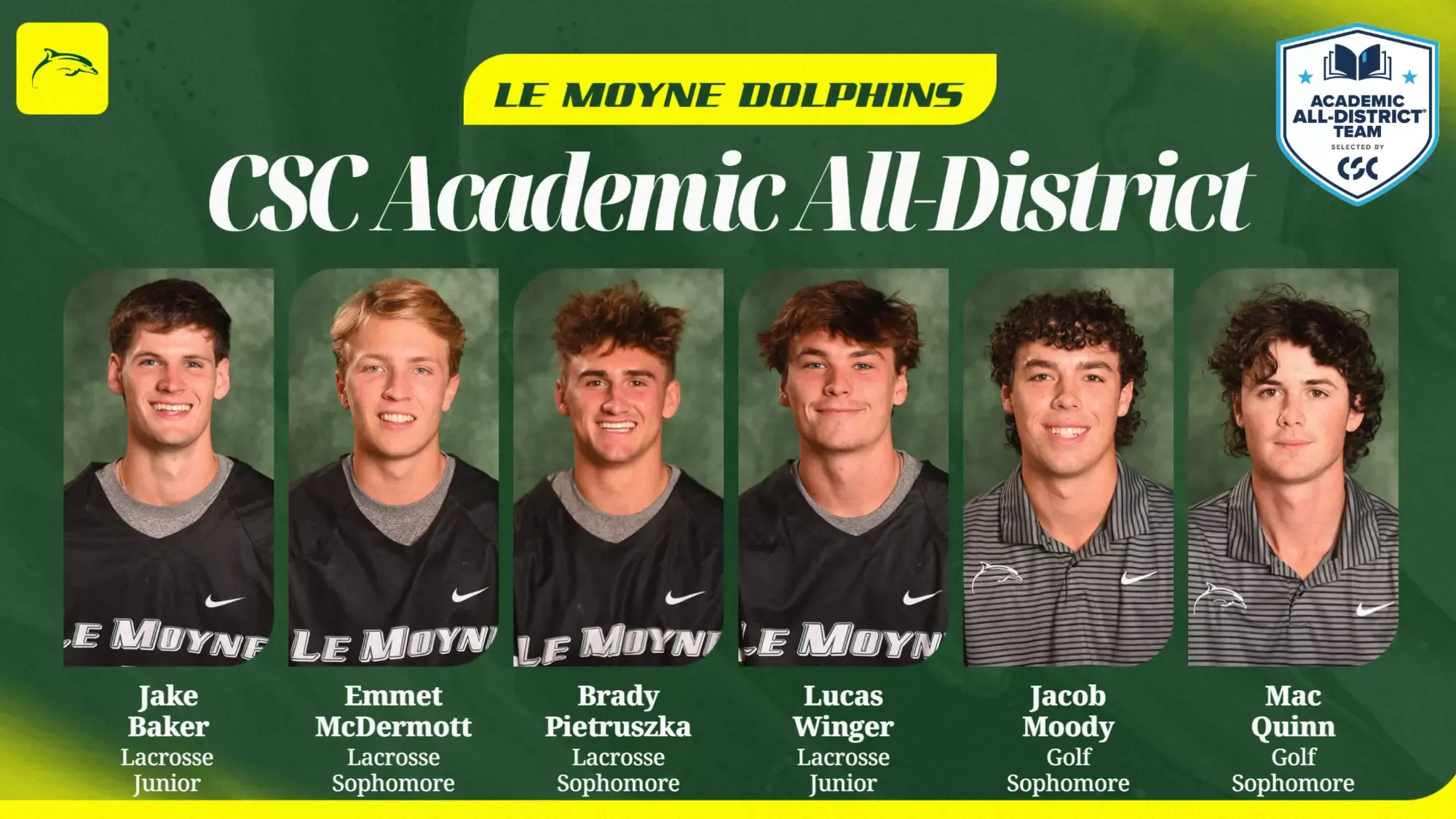 Six student-athletes from men's lacrosse and men's golf earn CSC Academic All-District honors