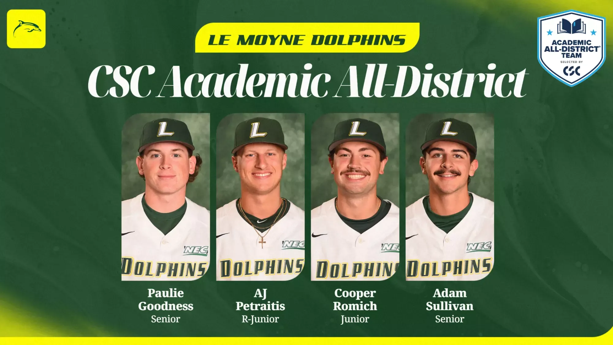 Four baseball student-athletes earn CSC Academic All-District honors