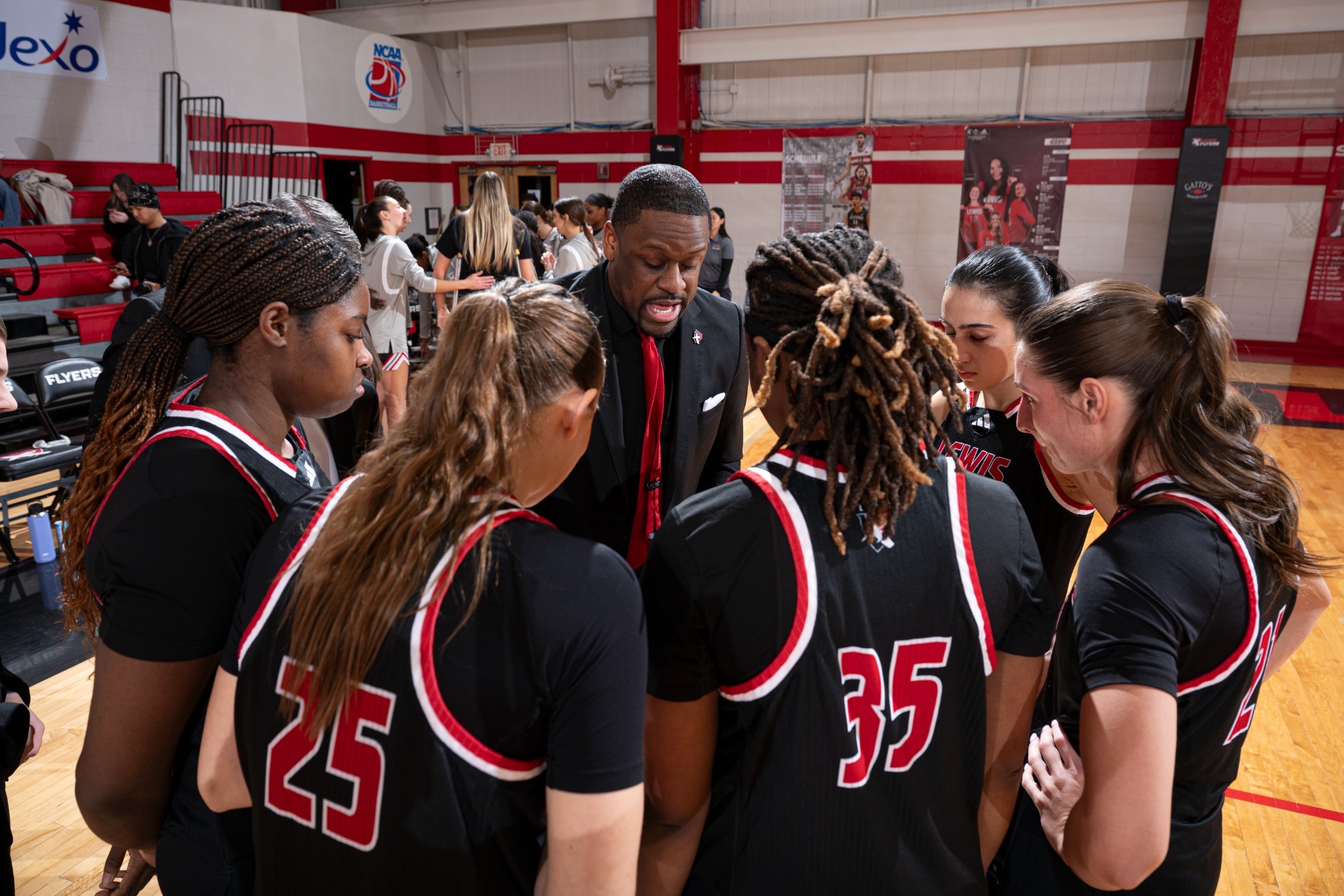 Lewis Women’s Basketball vs. Drury huddle