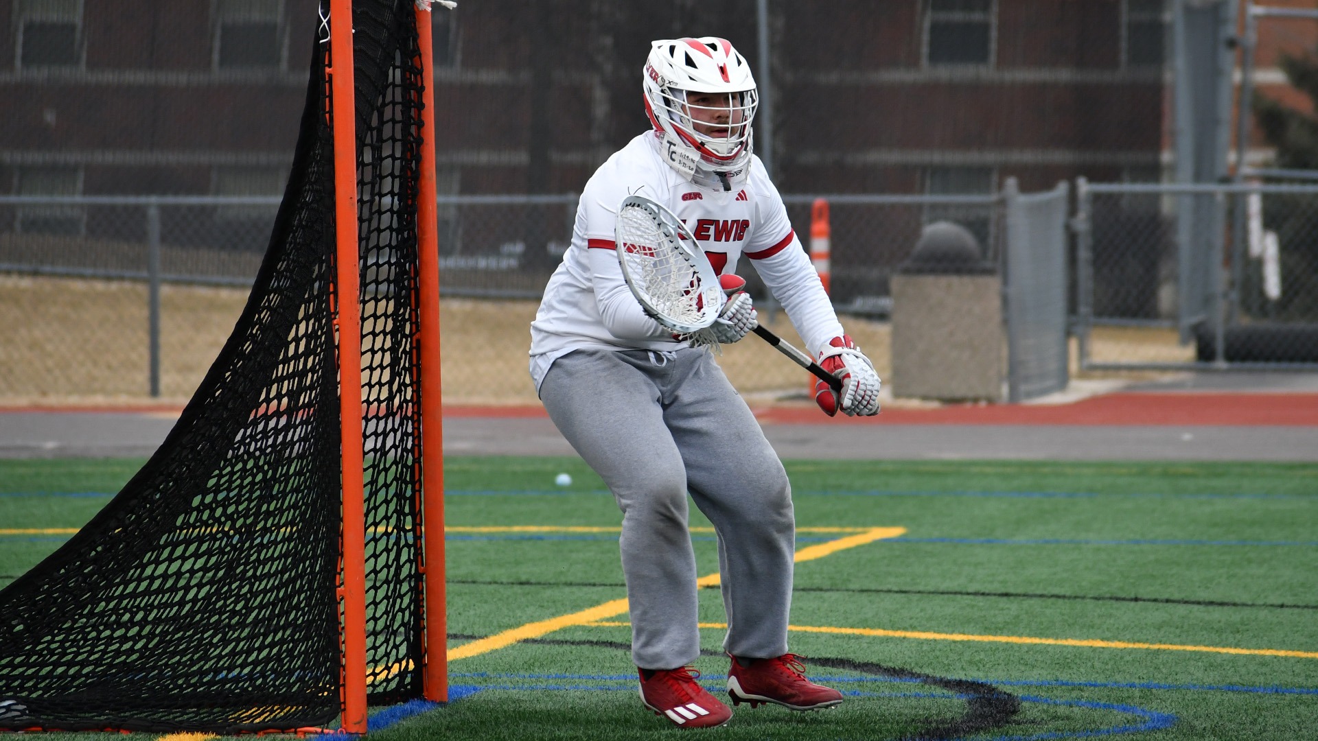 Caden Donahue waits for a shot in net