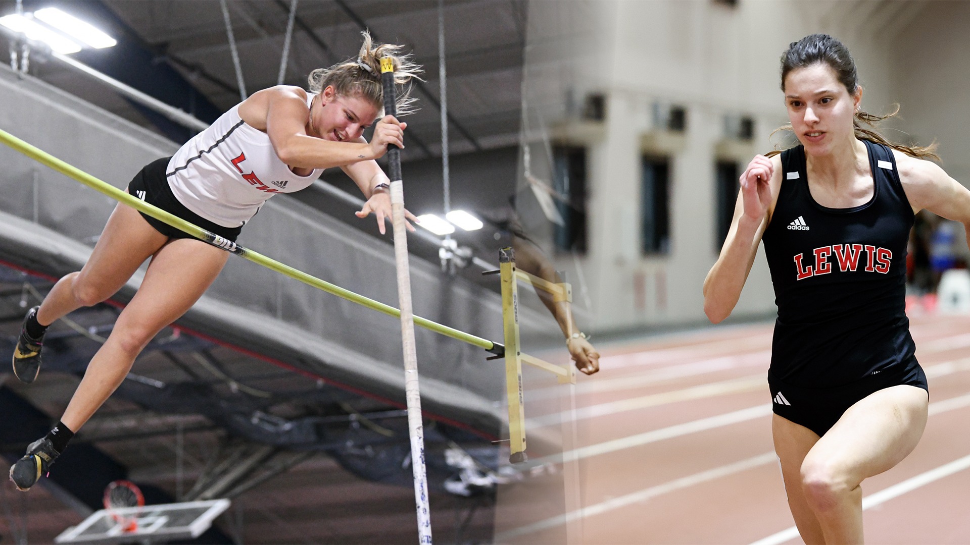 Lewis track and field weekly awards 2/25 split image