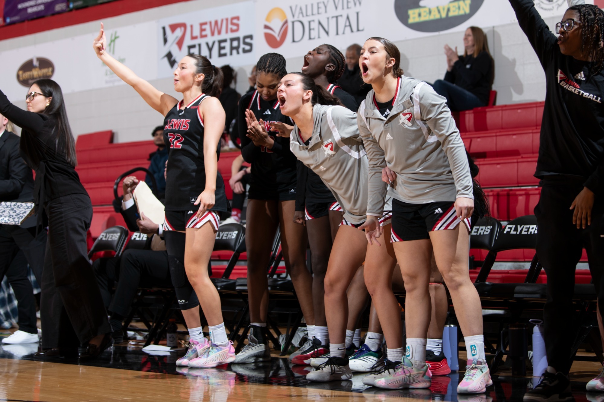 Women's basketball bench celebrates a bucket