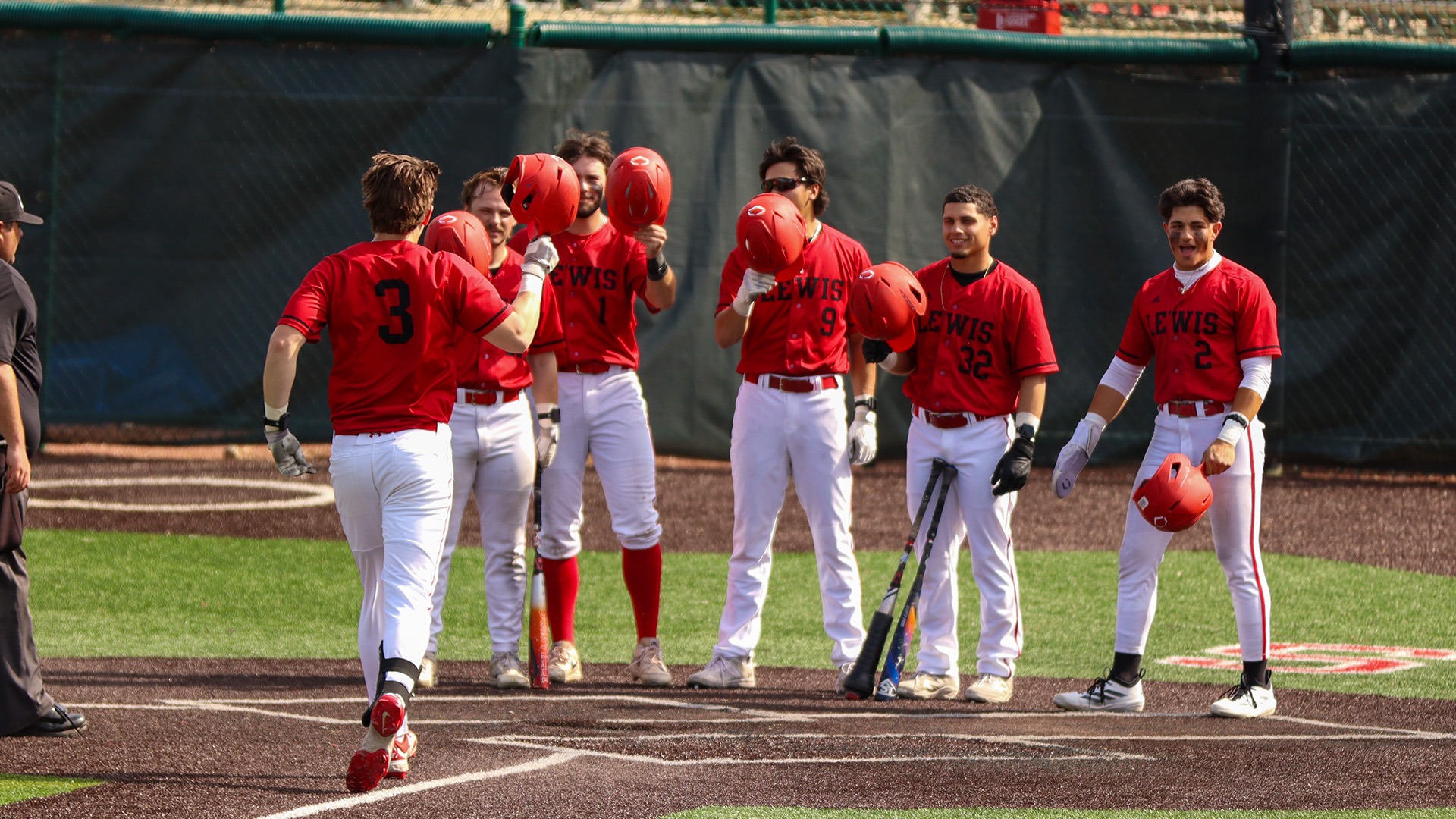 Cole Clemens, Constantine Coines, Jimmy Spellman, Blake Phommachanhom and Jayden Gonzalez celebrate a home run