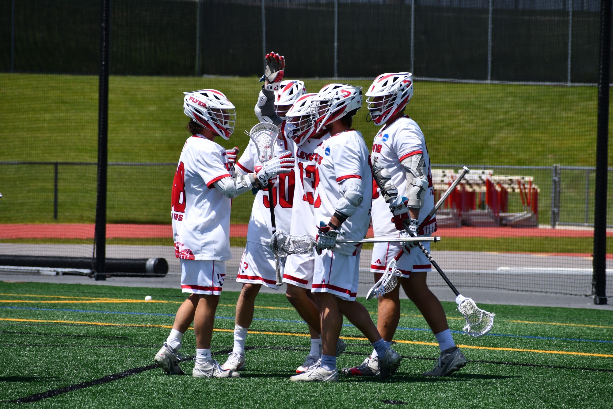 Men's lacrosse celebrates a goal against Newberry