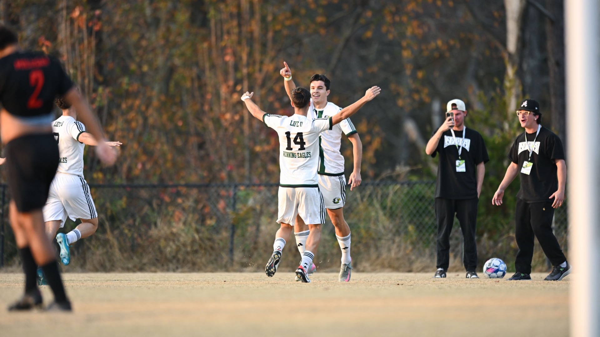 Enrico Burigotto and Vicenete Cuquerella celebrate a goal during the 2025 NAIA tournament