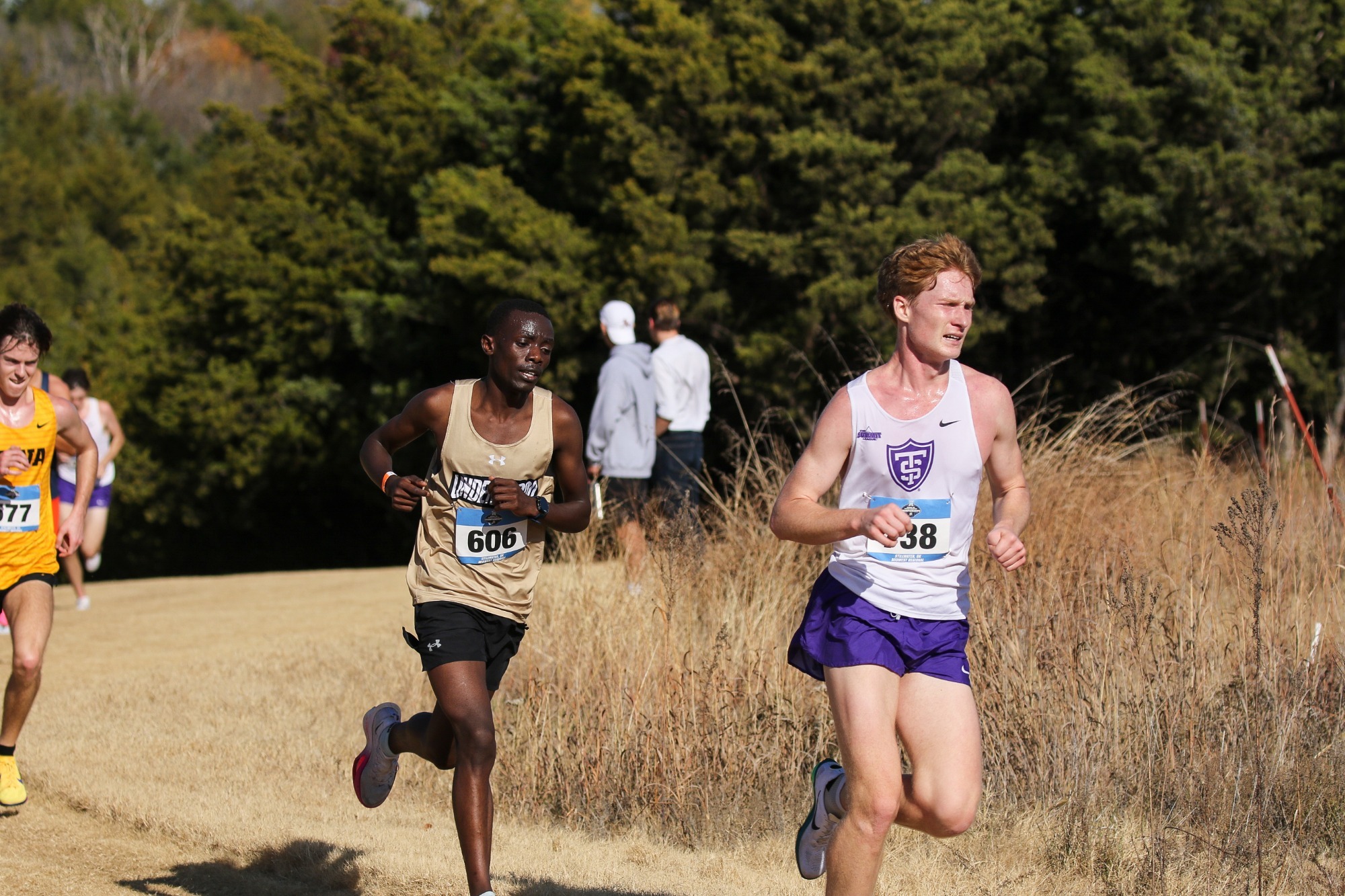 Lindenwood University sophomore Isaac Ndiwa races to the crest of a hill late in the men's 10k on his way to a 125th place finish in 33:33.4 finish in the field of 212 at the 2025 NCAA Division I Midwest Cross Country Regional Men's 10k at Oklahoma State Univeristy's Greiner Family Cross Country Course in Stillwater. It was Lindenwood's first NCAA post-season action in cross country or track and fielde since moving up from the NCAA Division II level.