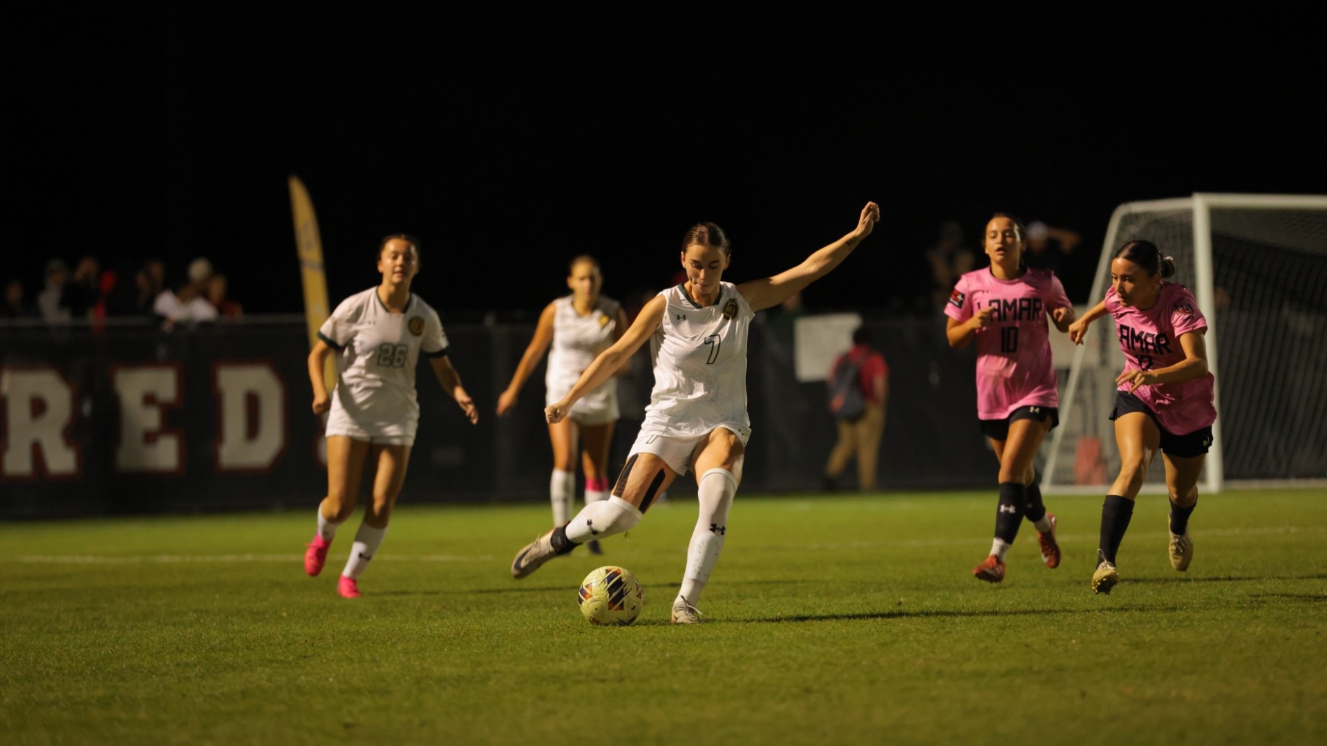 Women's soccer player Rylee Franklin launching a shot in the quarterfinals of the SLC Tournament vs Lamar