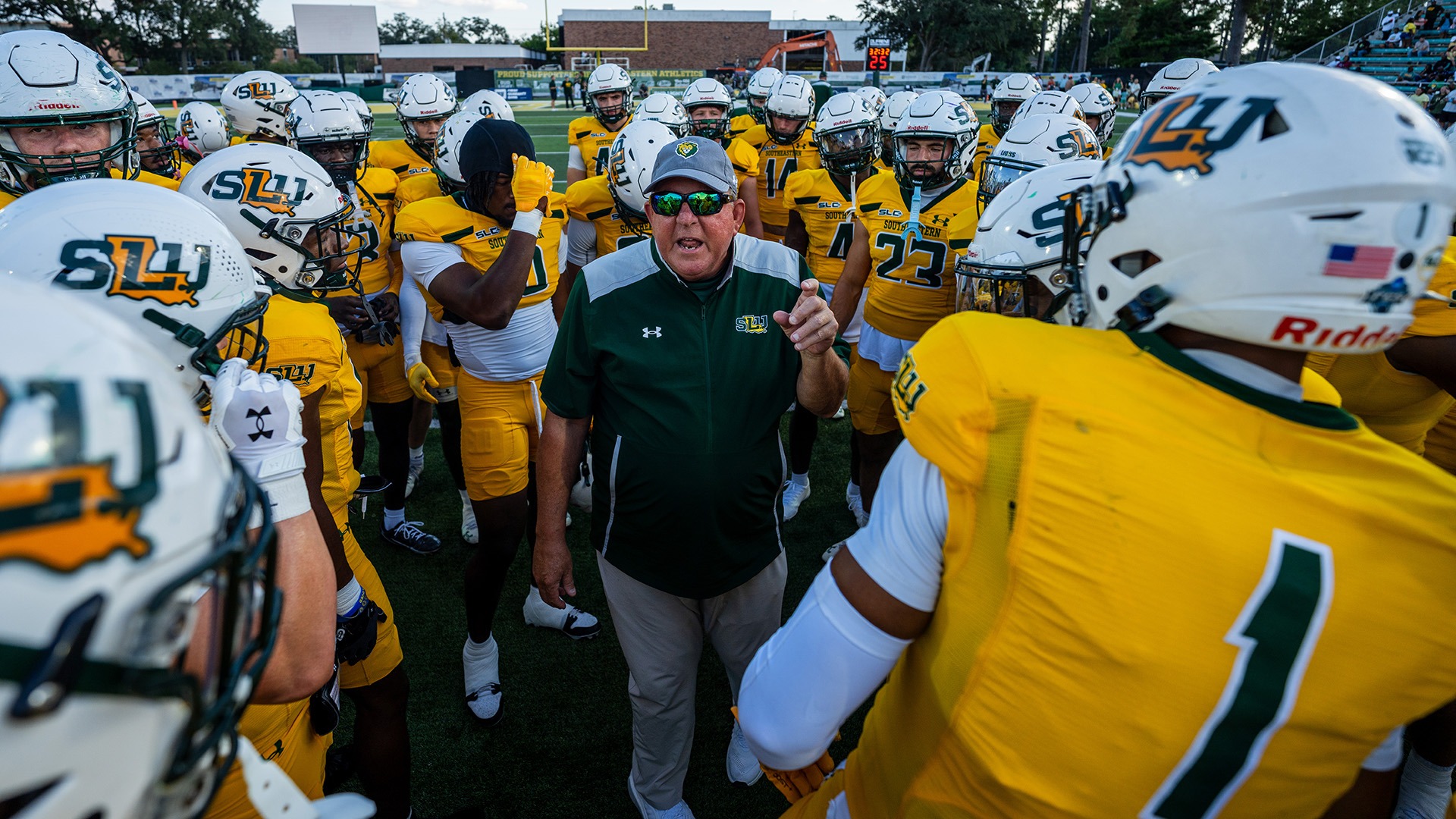 Head Football Coach Frank Scelfo addresses his team before a 45-31 win over UTRGV Sept. 27, 2025