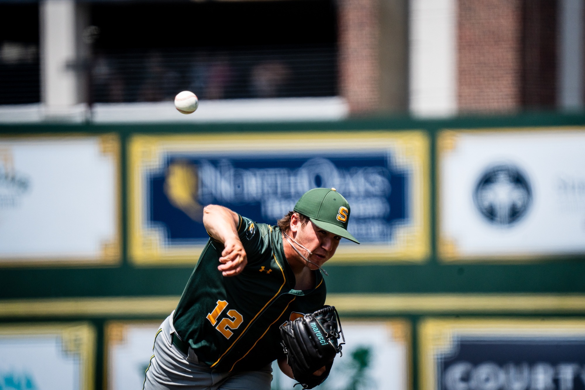 Brady St. Pierre fires a pitch against McNeese in the Southland tournament.