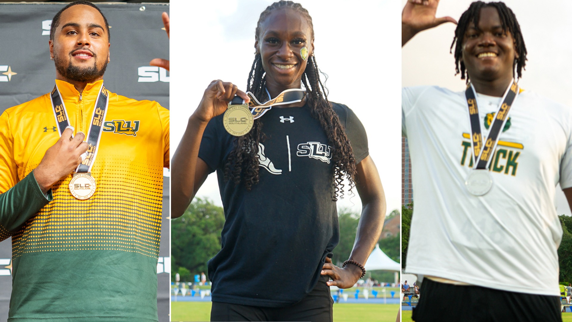 Terrell Webb, Esther Nwanze, Donroy Brown on SLC medal stands during 2025