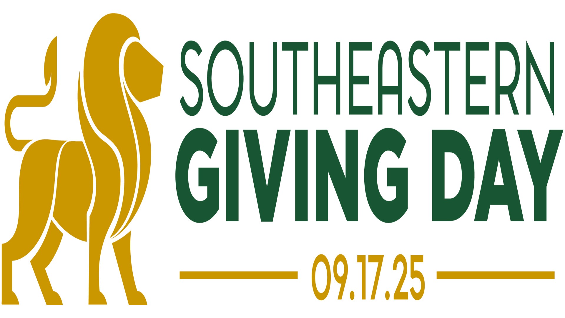 Gold Lion logo on left with the date of 9.17.25 in gold above the word Southeastern in green, which is above the words GIVING DAY in green, which is above the 9.17.25 date in gold