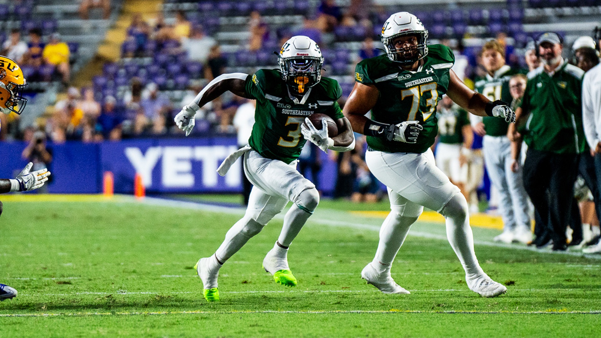Deantre Jackson (#3) and Isaiah Hayes (#73) run down the field at Tiger Stadium on Sept. 20, 2025 