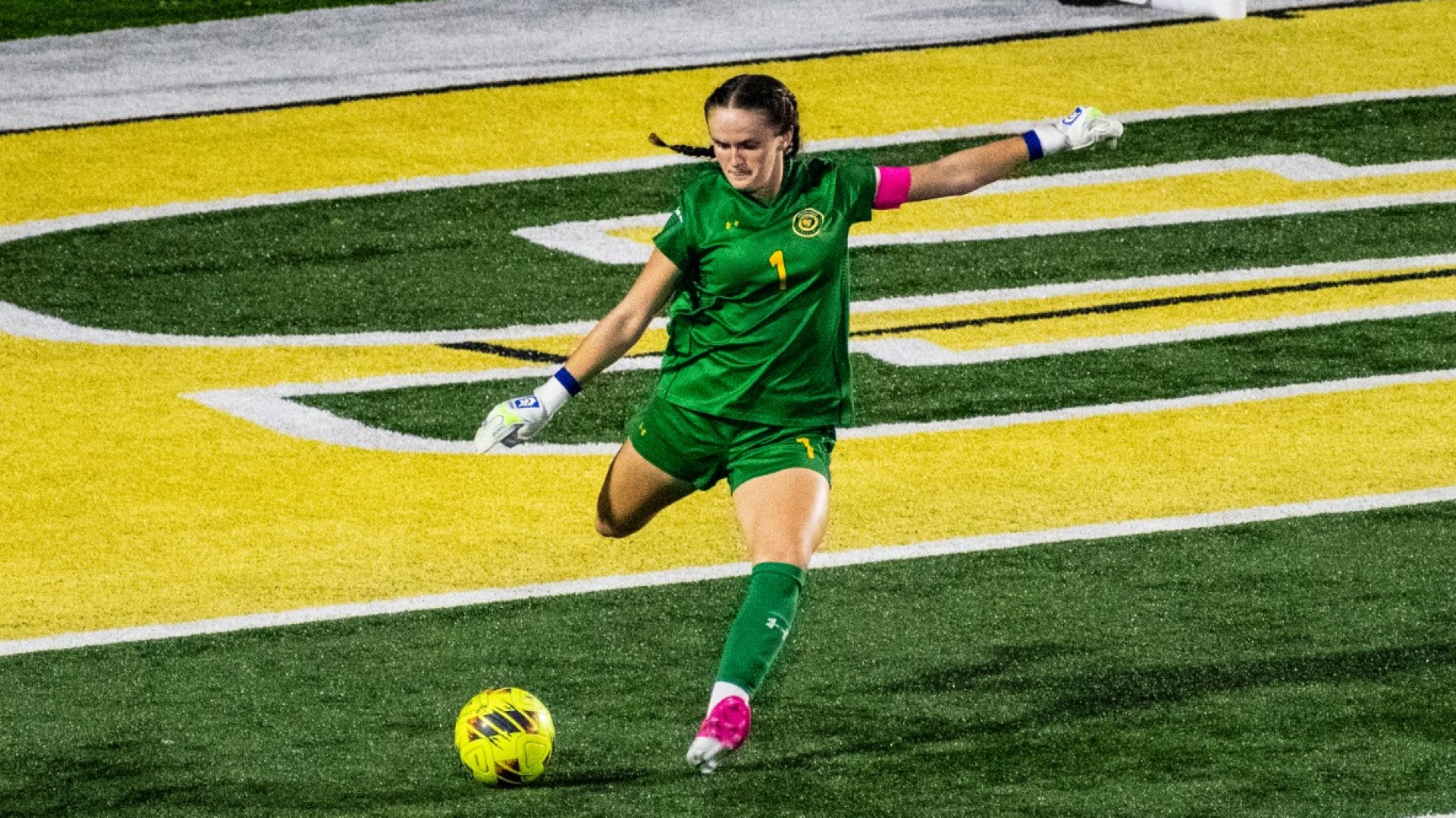 Kendall Curran kicking the ball up field for a goal kick vs McNeese 