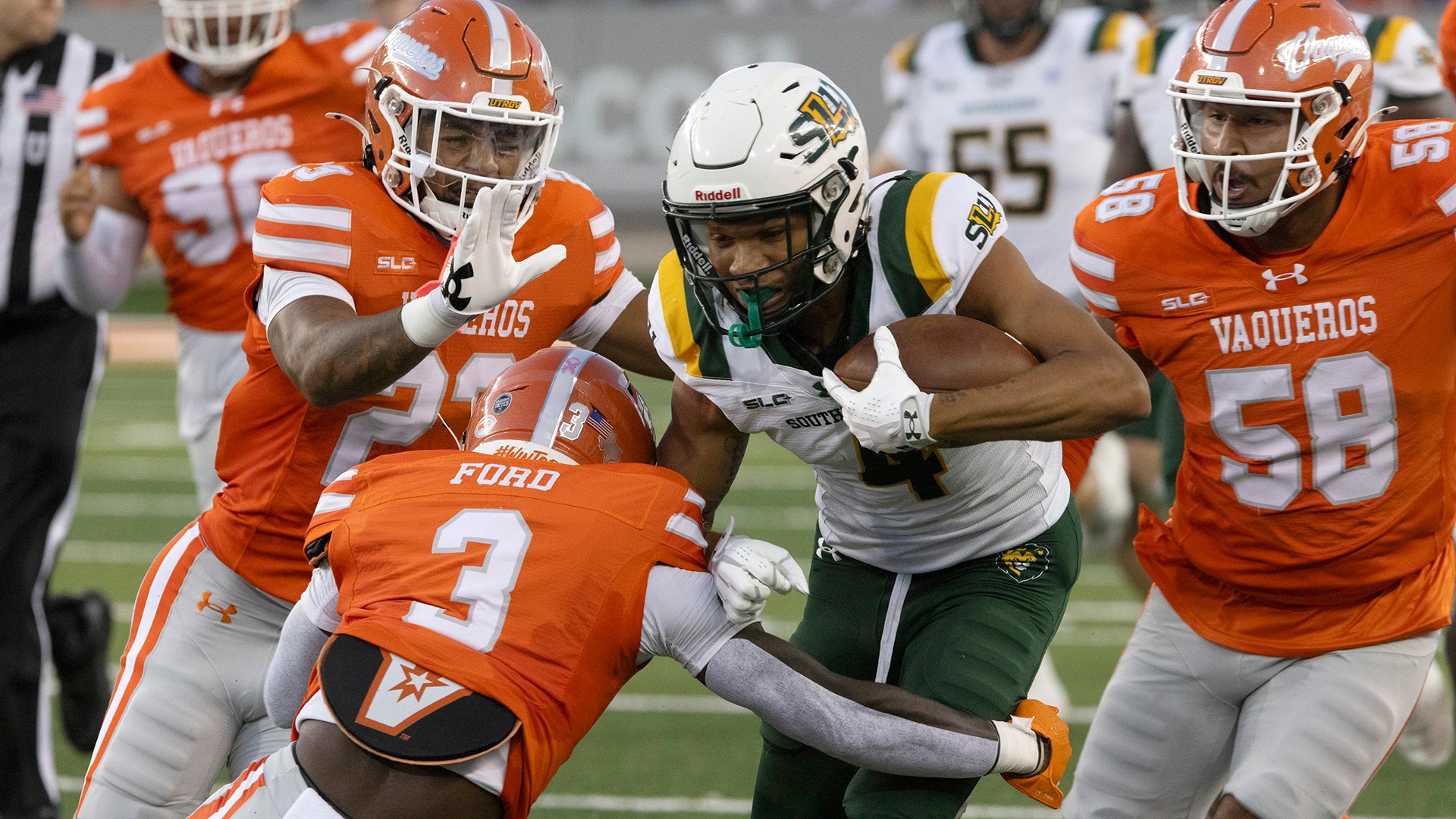 Tristan Goodly runs through a host of UTRGV defenders Oct. 10, 2026