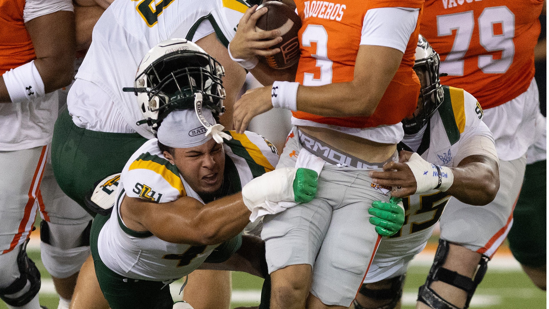 Gabe Copeland and Khalid Moore tackle a UTRGV runner Oct. 10, 2026