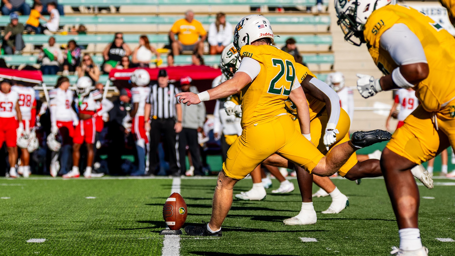Drew Talley kicks off in a 34-31 win over No. 8/10 Lamar Oct. 17, 2026