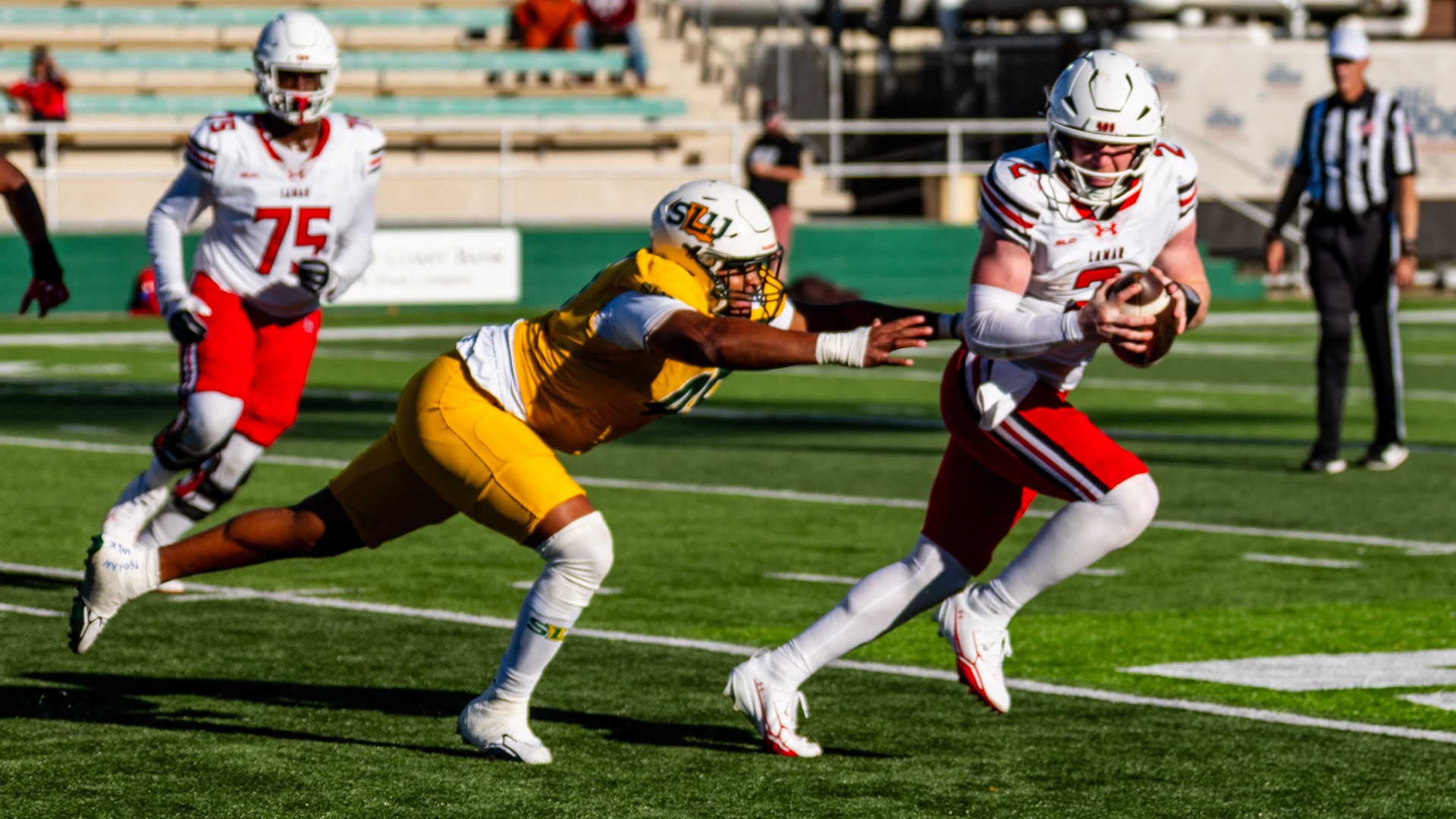 Khalid Moore chases down Lamar quarterback Aiden McCown in SLU's 34-31 win over No. 8/10 LU Oct. 17, 2026