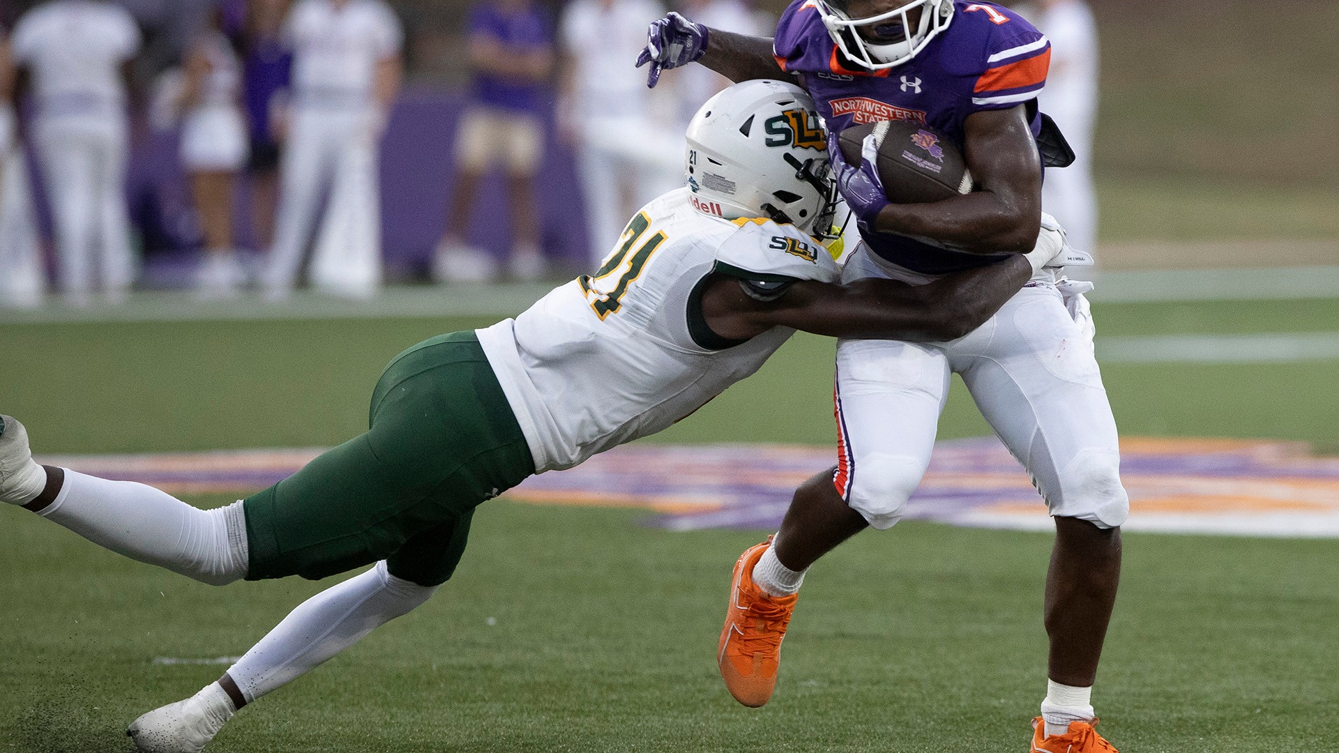 Kenneth Ford Jr. tackles a Northwestern State runner in a 52-21 Southeastern win Sept. 26, 2026