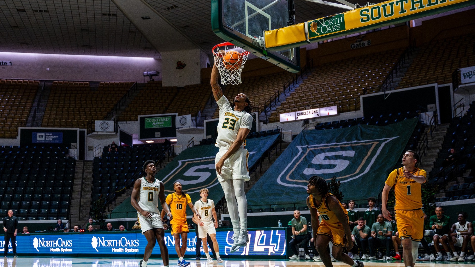 Isaiah Gaines with a slam dunk vs East Texas A&M in the University Center