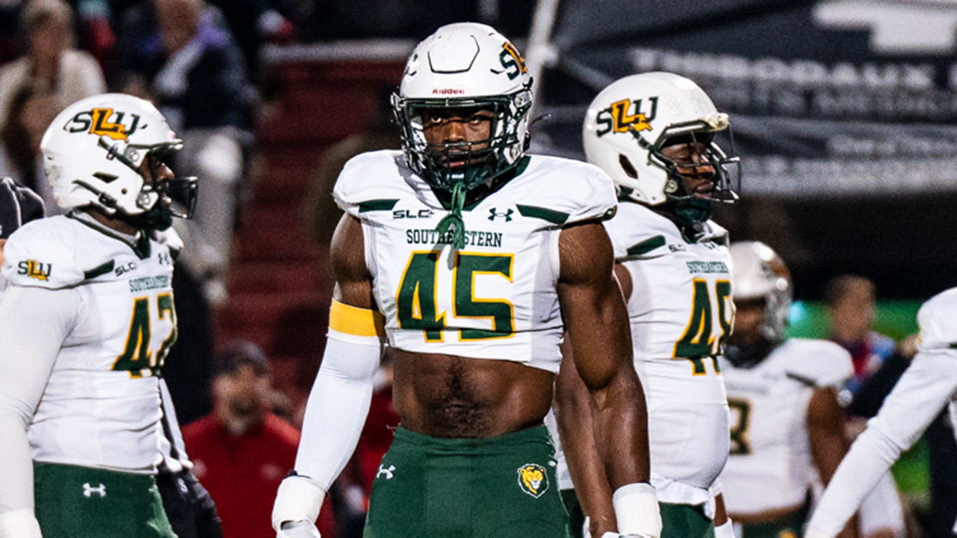 Number 45 Warren Peeples looks to the sidelines for the play call 