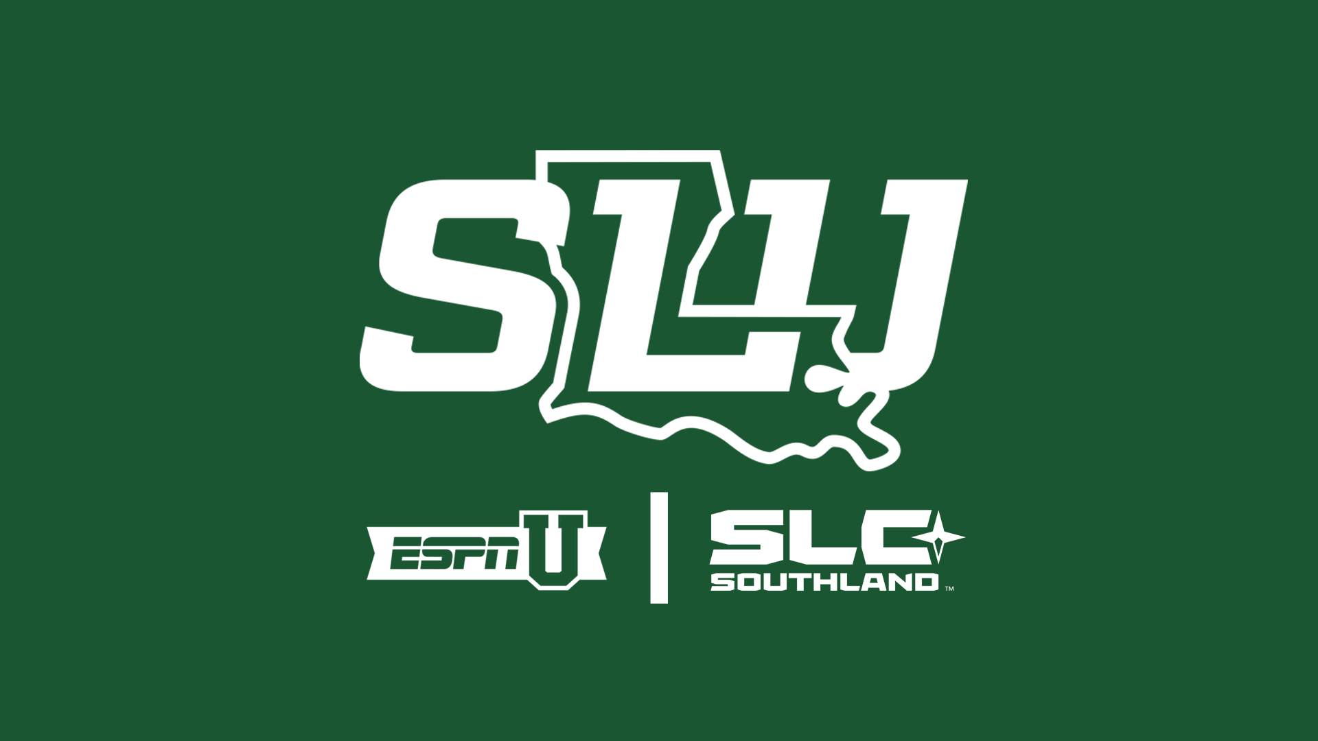 Single-color (white) SLU state logo above the ESPNU and Southland Conference logos against a green background. 