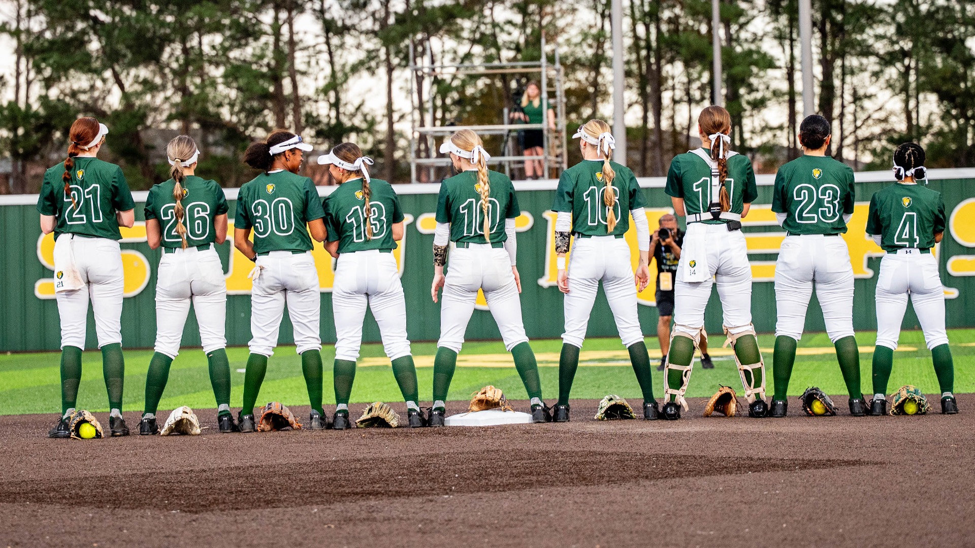 2026 SLU Softball Team line up on the field during opening introductions versus Louisiana Tech Feb. 11, 2026