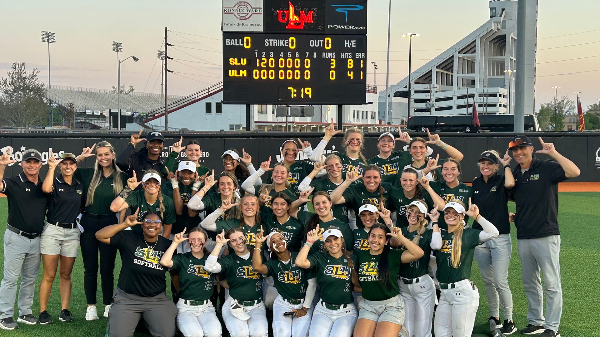 2026 Southeastern Softball Team celebrates its school-record 13th consecutive victory at ULM March 24, 2026