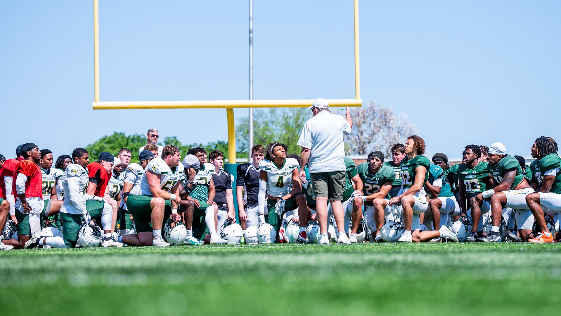 Southeastern head football coach Frank Scelfo addresses the Lions following spring practice March 28, 2026